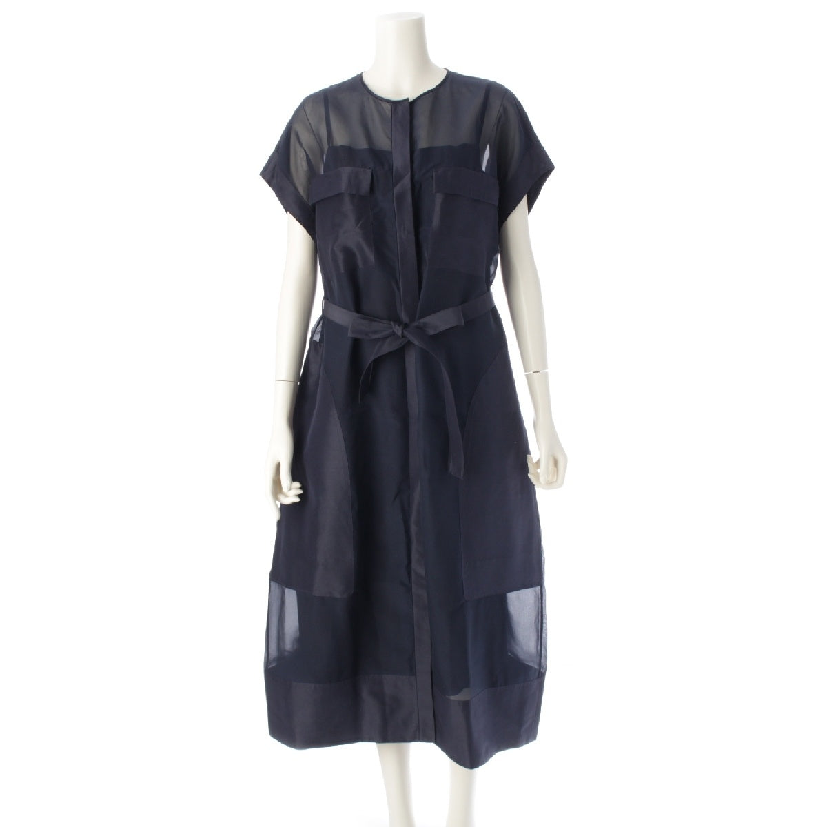 Drawer 24Stainless Steel silk Organdy Short Sleeve See-through one piece dress 6526-299-1460 Navy 38