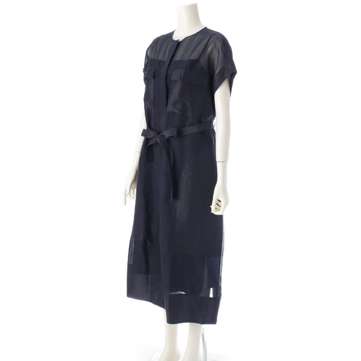 Drawer 24Stainless Steel silk Organdy Short Sleeve See-through one piece dress 6526-299-1460 Navy 38