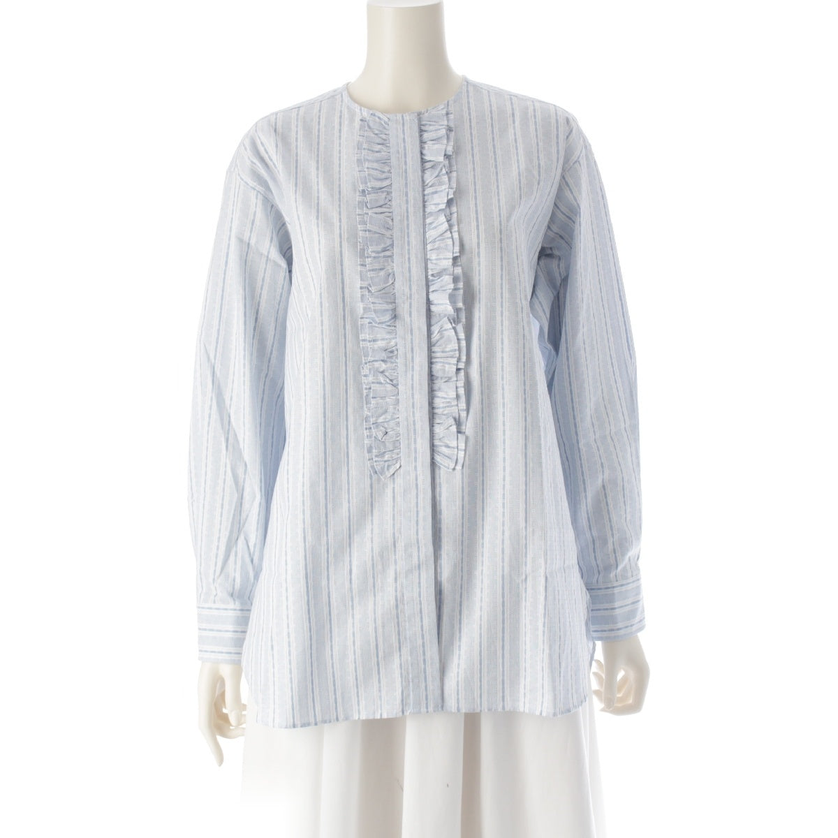 Drawer 22Stainless Steel cotton Striped Dobby Ruffle No Collar Long sleeve shirt blouse tops 6511-218-0478 White x blue 36