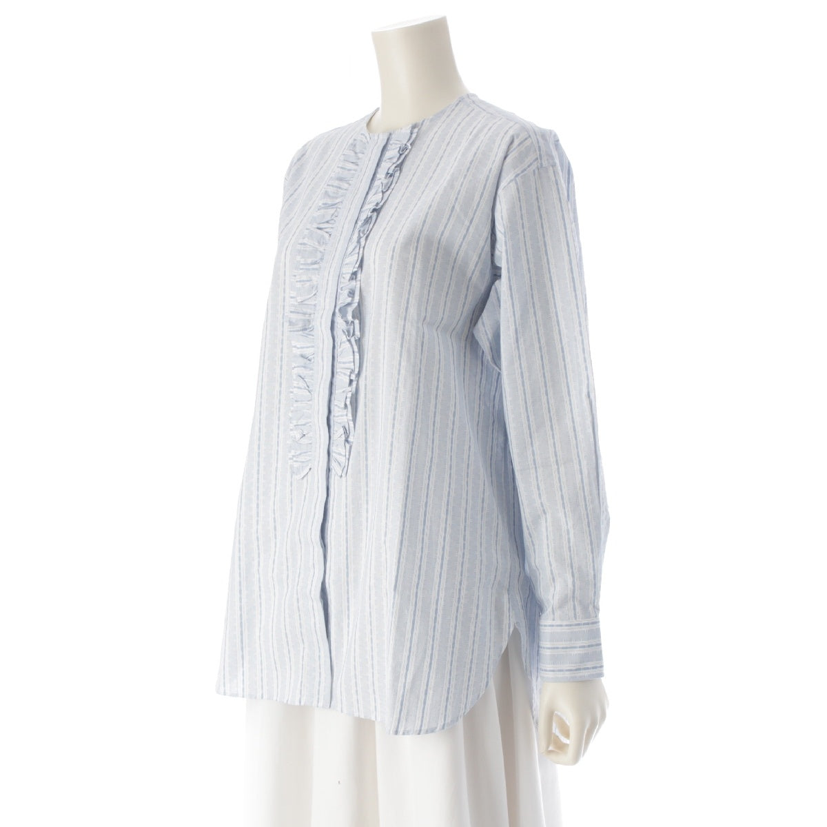 Drawer 22Stainless Steel cotton Striped Dobby Ruffle No Collar Long sleeve shirt blouse tops 6511-218-0478 White x blue 36