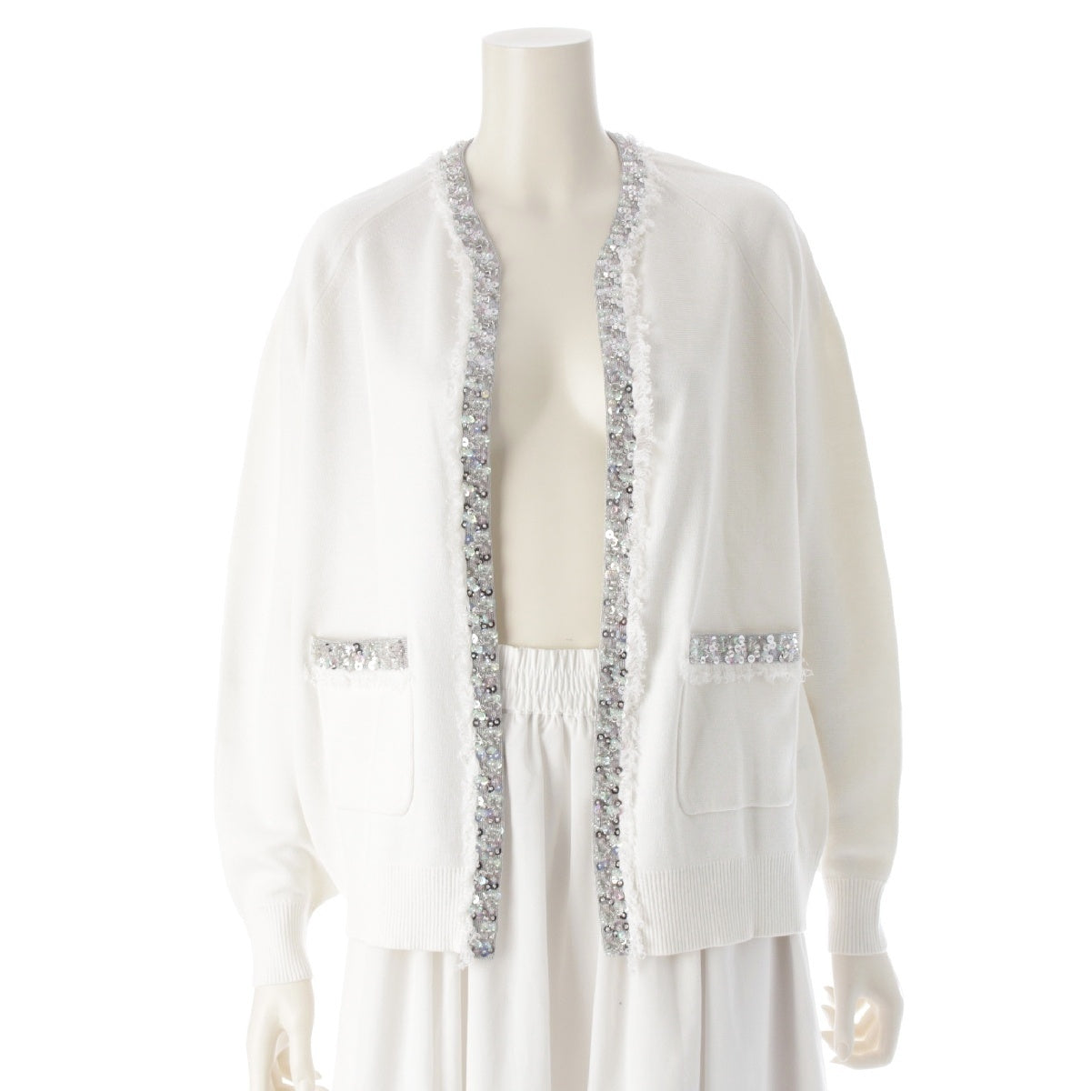 Drawer silk cotton Bejeweled trim long sleeve knit cardigan Bolero Jacket Tops 6515-199-0569 White multicolor F