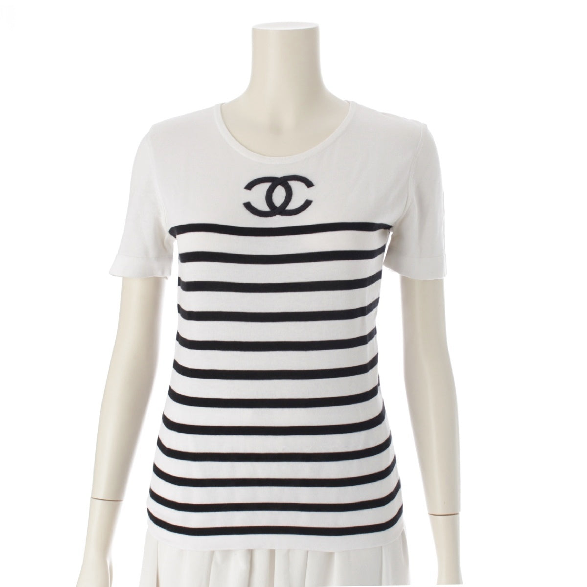 CHANEL 94P Vintage COCO Mark Embroidery Border Pattern Short Sleeve Cut tops White black 36