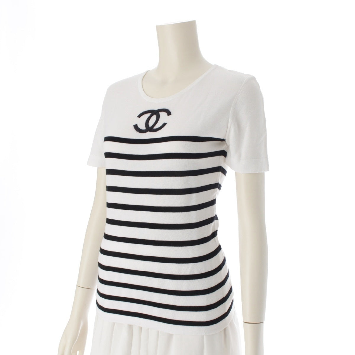 CHANEL 94P Vintage COCO Mark Embroidery Border Pattern Short Sleeve Cut tops White black 36