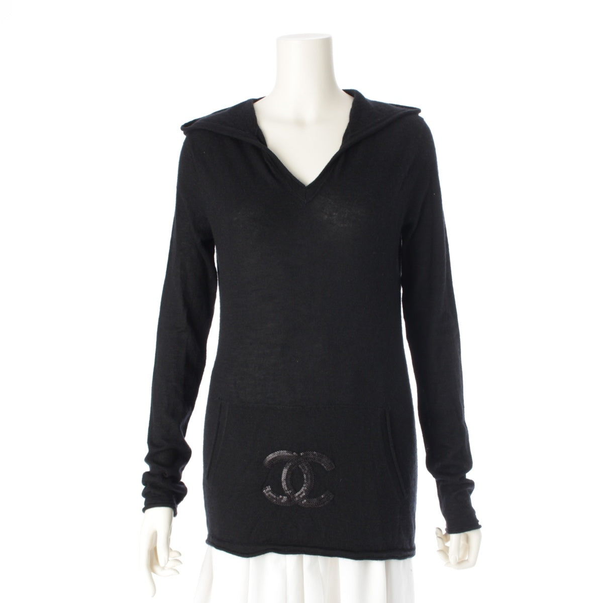 CHANEL 09A Sports line Sequin COCO Mark V-neck knit Parker Hoodies Sweaters Tops P36083  black