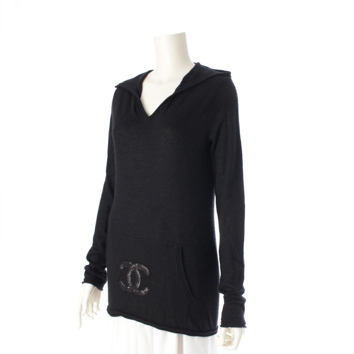 CHANEL 09A Sports line Sequin COCO Mark V-neck knit Parker Hoodies Sweaters Tops P36083  black