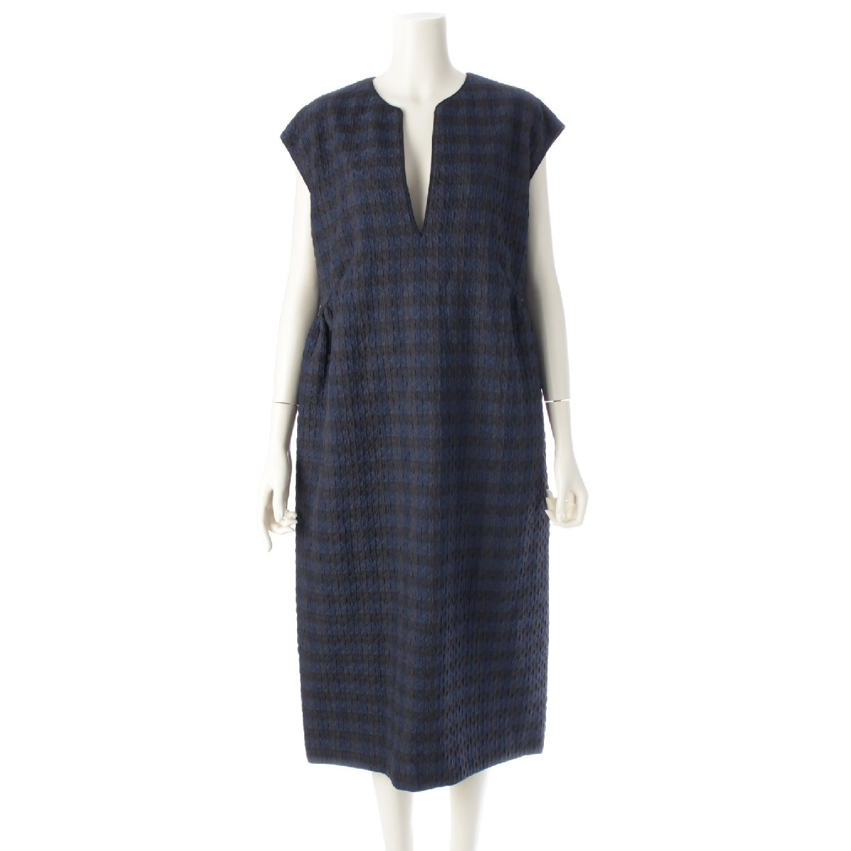 Drawer 24 years FALL1 Nylon Blend Jacquard V-neck Quilted Border one piece back zip dress 6526-299-1472 Navy x black 36