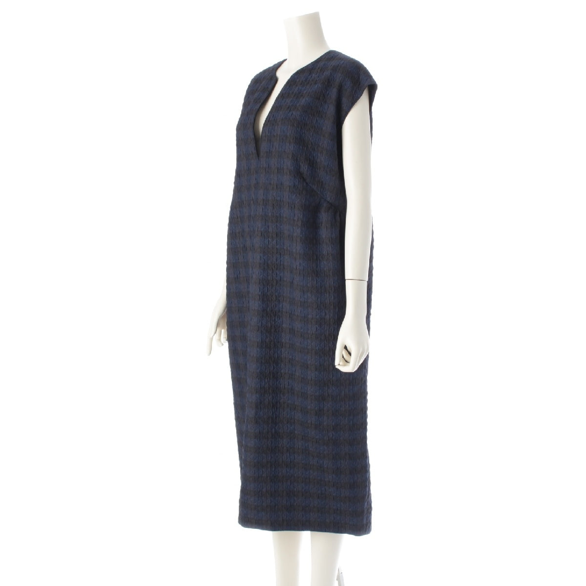 Drawer 24 years FALL1 Nylon Blend Jacquard V-neck Quilted Border one piece back zip dress 6526-299-1472 Navy x black 36