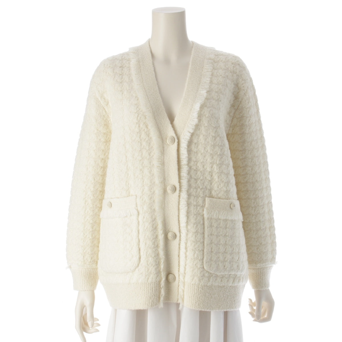 Drawer Wool nylon 7G jacquard fringe knit cardigan tops 6515-299-0585 Ivory 1