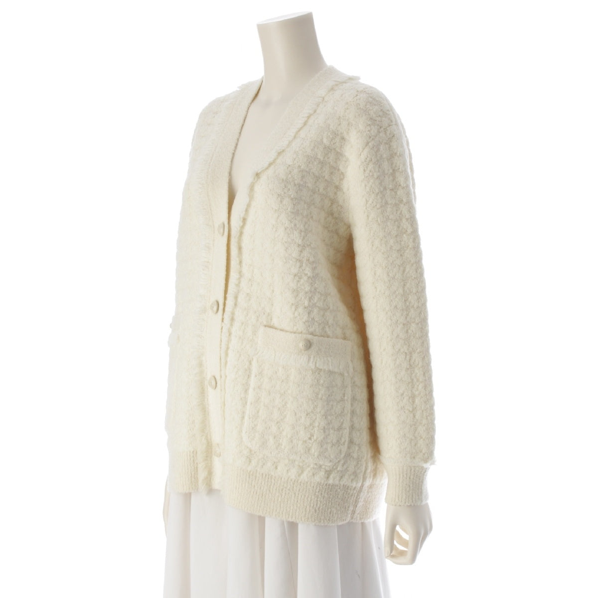 Drawer Wool nylon 7G jacquard fringe knit cardigan tops 6515-299-0585 Ivory 1