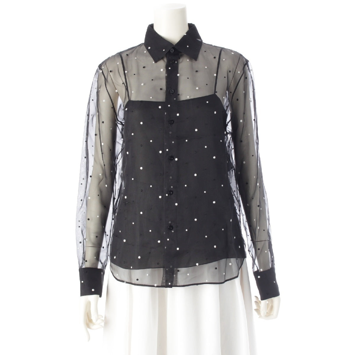 Christian Dior Cotton silk Dot see-through inner camisole blouse long sleeve shirt tops 311B27A6152 black 38