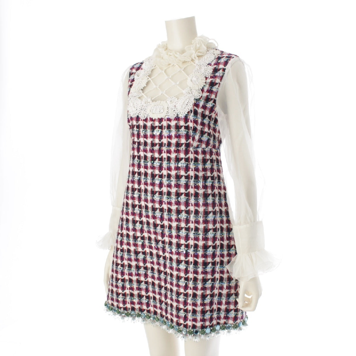 VALENTINO Embroidered ruffled tweed mini dress with jewels one piece Dress with ruffle neck and long sleeves 6B3VANL5973 multicolor 38