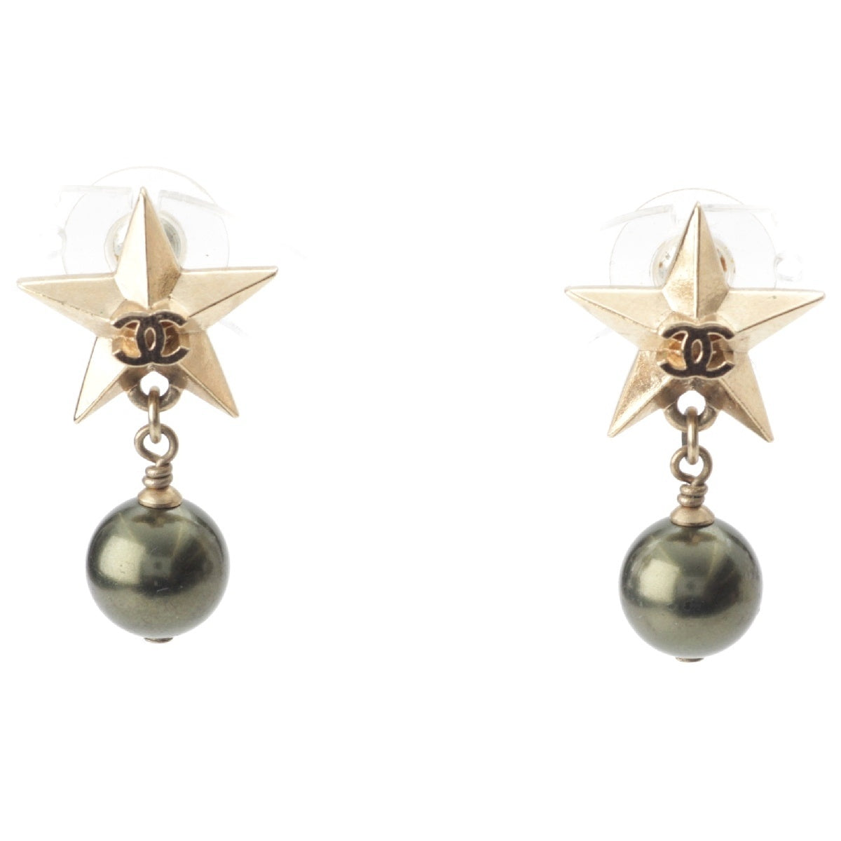 CHANEL 17C COCO Mark Star Drop F Pearl Pierce Earring accessories gold