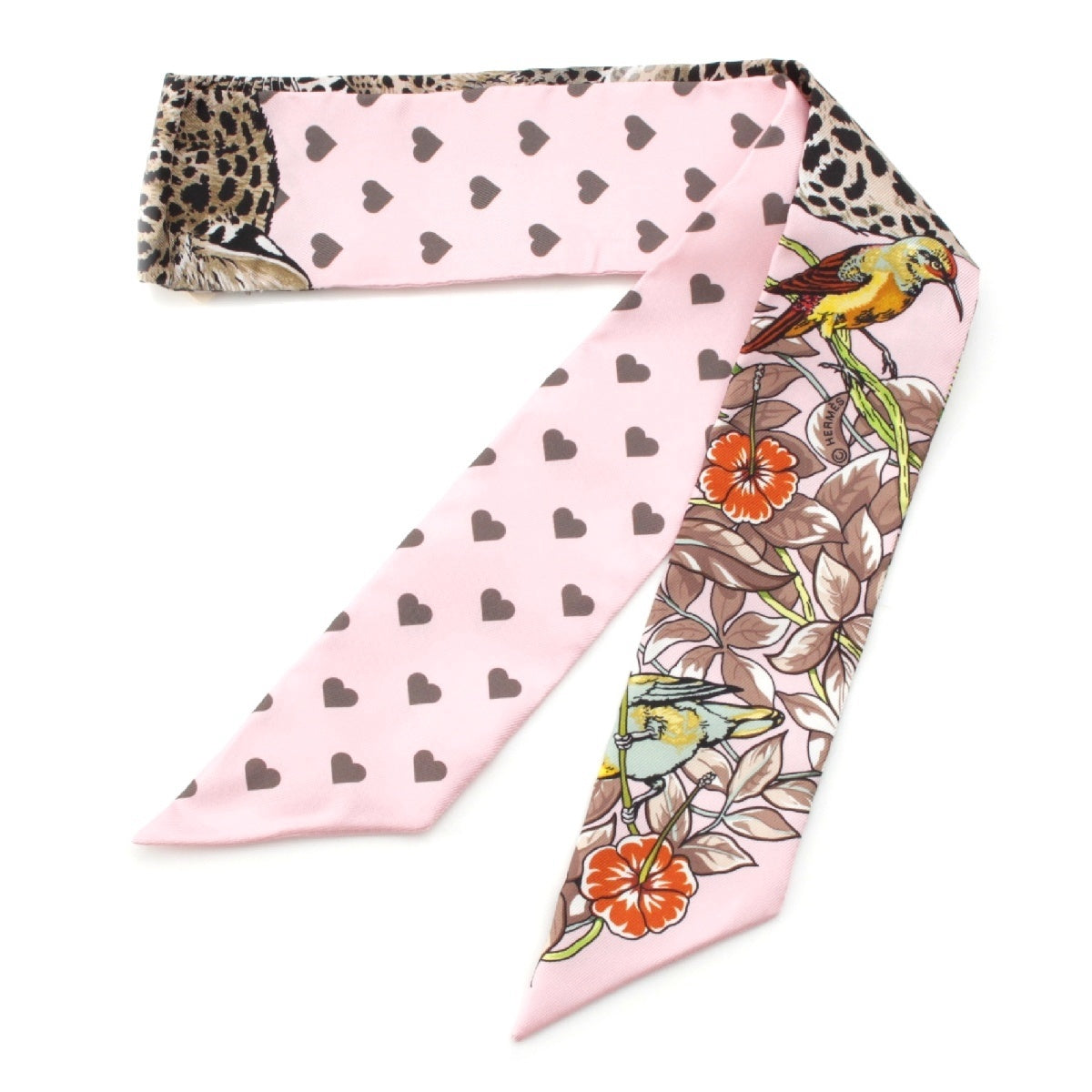 HERMES silk Twilly JUNGLE LOVE LOVE scarf pink