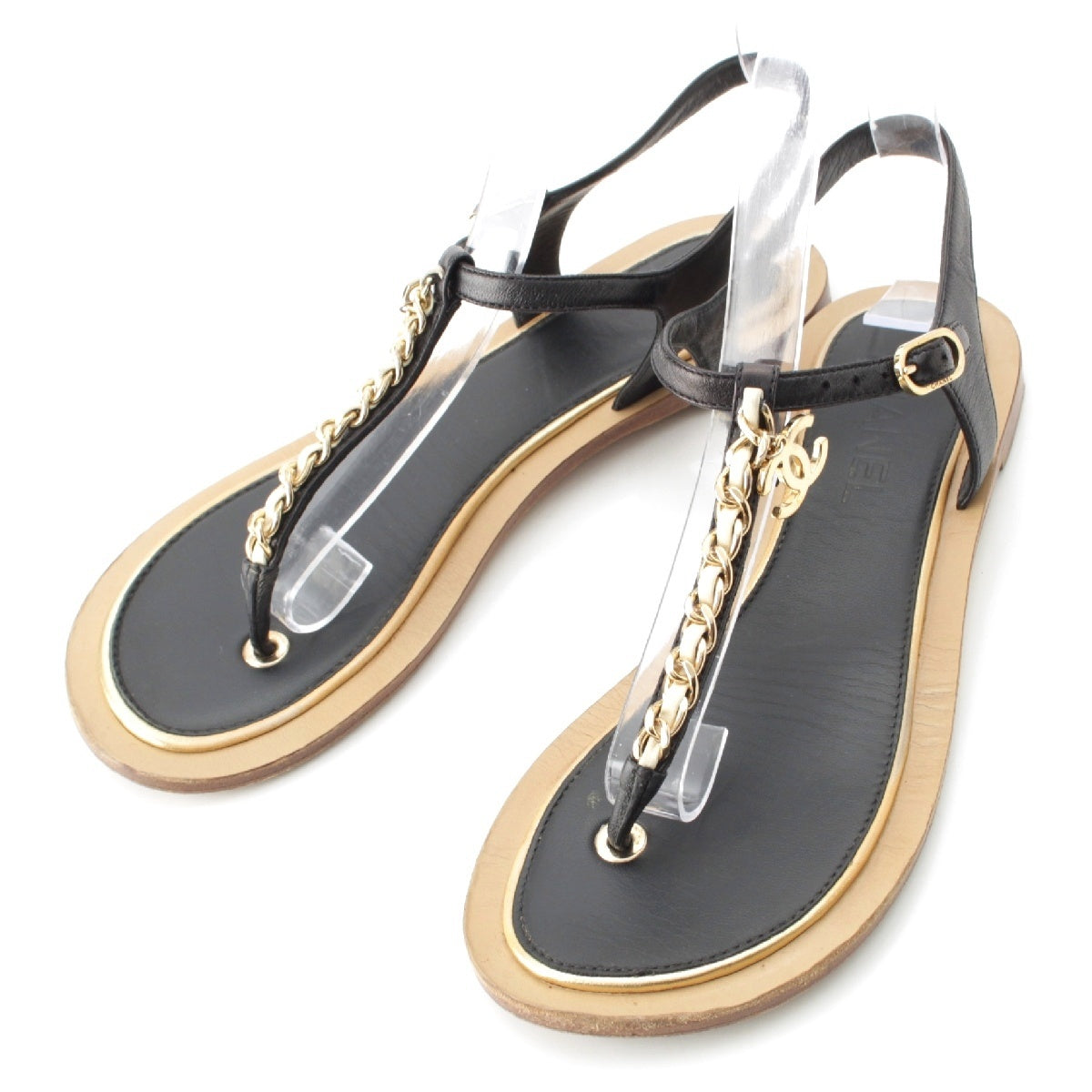 CHANEL leather COCO Mark Chain Thong Sandals shoes Black x beige 37