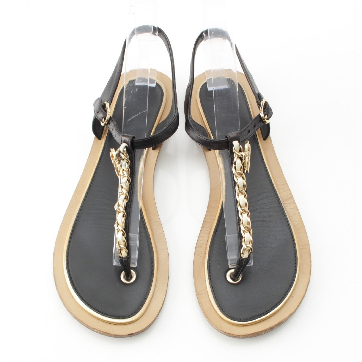 CHANEL leather COCO Mark Chain Thong Sandals shoes Black x beige 37