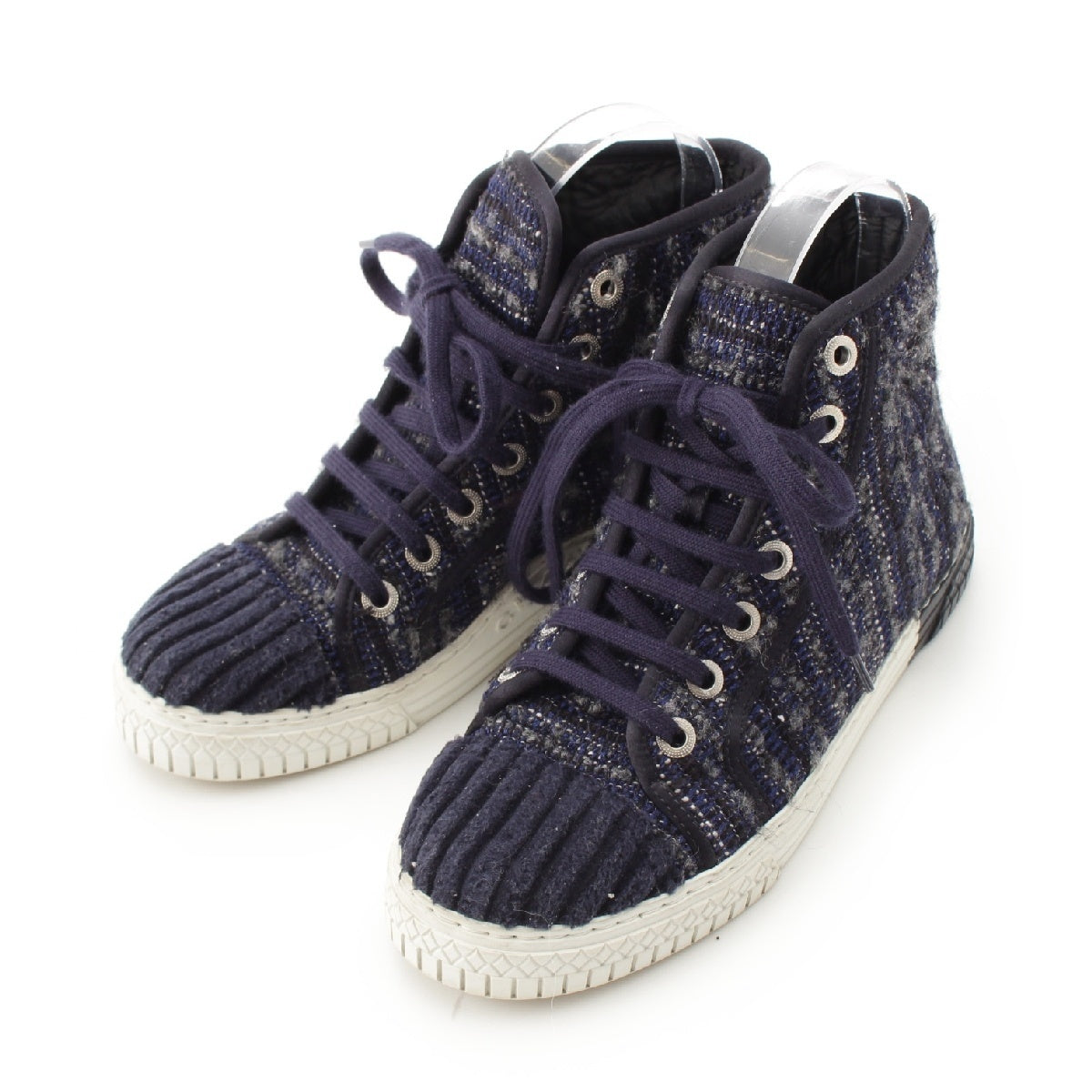CHANEL tweed COCO Mark High Cut sneakers shoes G33368 Navy 37