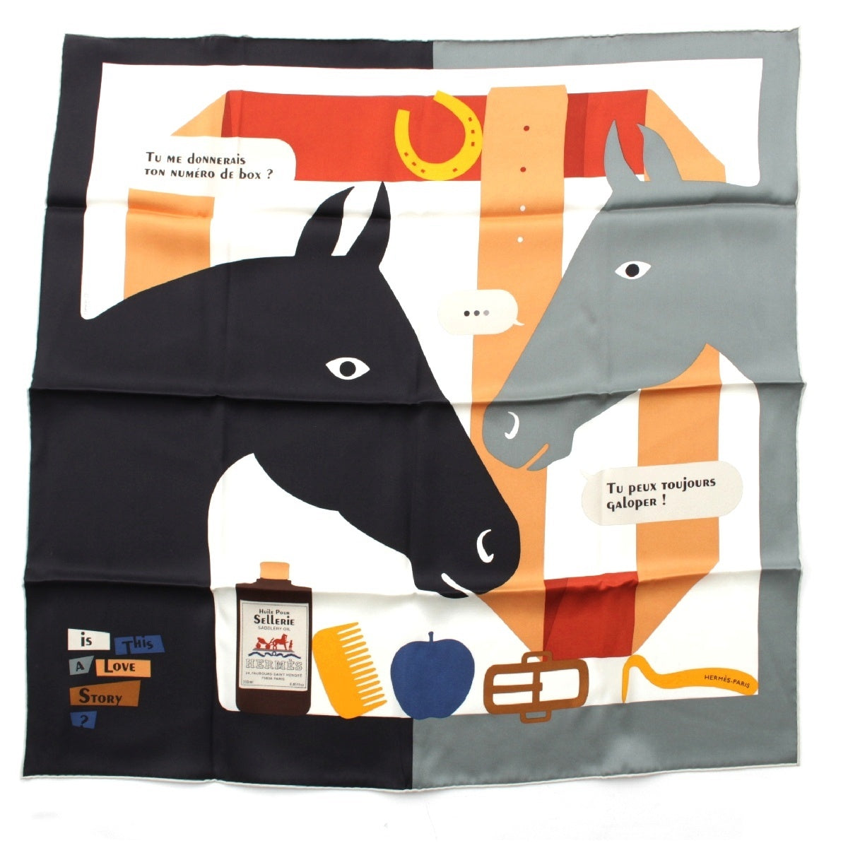 HERMES 23-24 years Carre 70 silk IS THIS A LOVE STORY scarf Horse Illustration multicolor