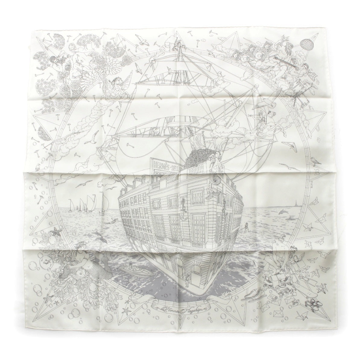 HERMES 24Stainless Steel Calle 90 silk FLAG SHIP scarf Faubourg Sailing Ship Sea white