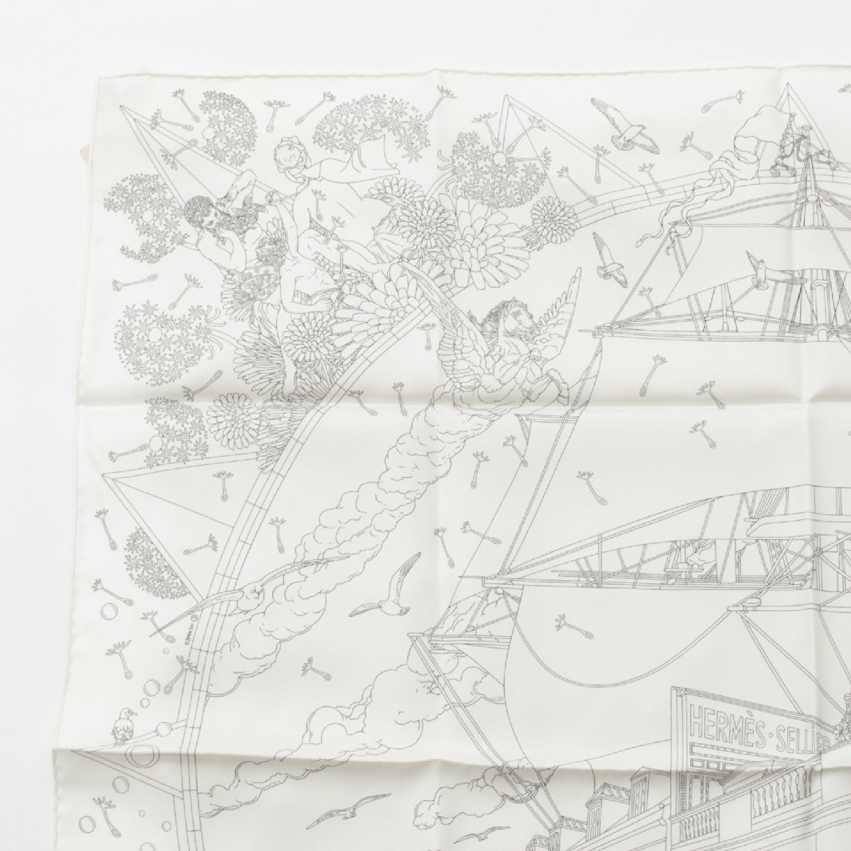 HERMES 24Stainless Steel Calle 90 silk FLAG SHIP scarf Faubourg Sailing Ship Sea white
