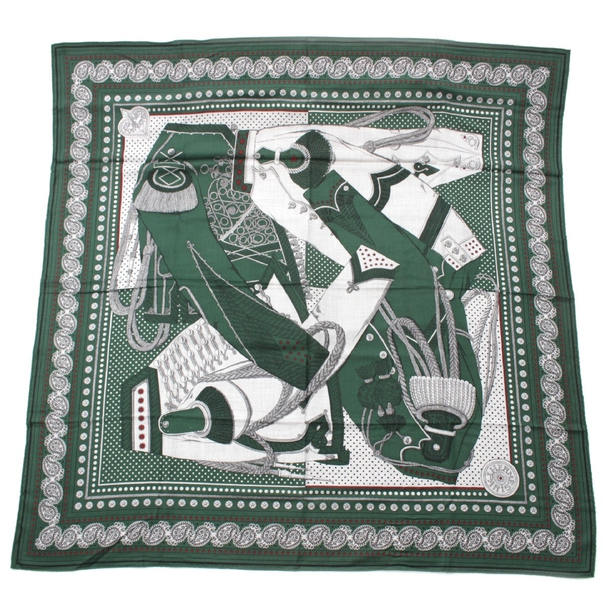 HERMES Calegean 140 cashmere silk Zouaves and Dragons Large Bandana scarf Paisley Pattern Stole Shawl green