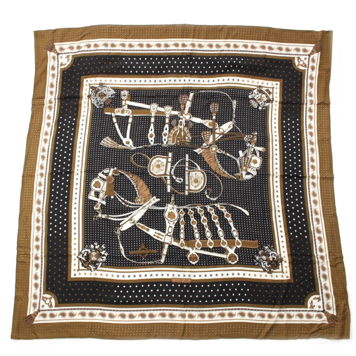 HERMES Calegean 140 cashmere silk Harnais de Cour Bandana, large size, royal horse harness scarf Stall shawl Black multicolor