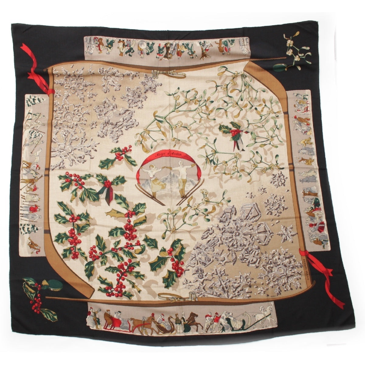 HERMES Calegean 140 Cashmere x silk Neige d'Antan Last Year's Snow Large scarf Stall shawl Beige x black