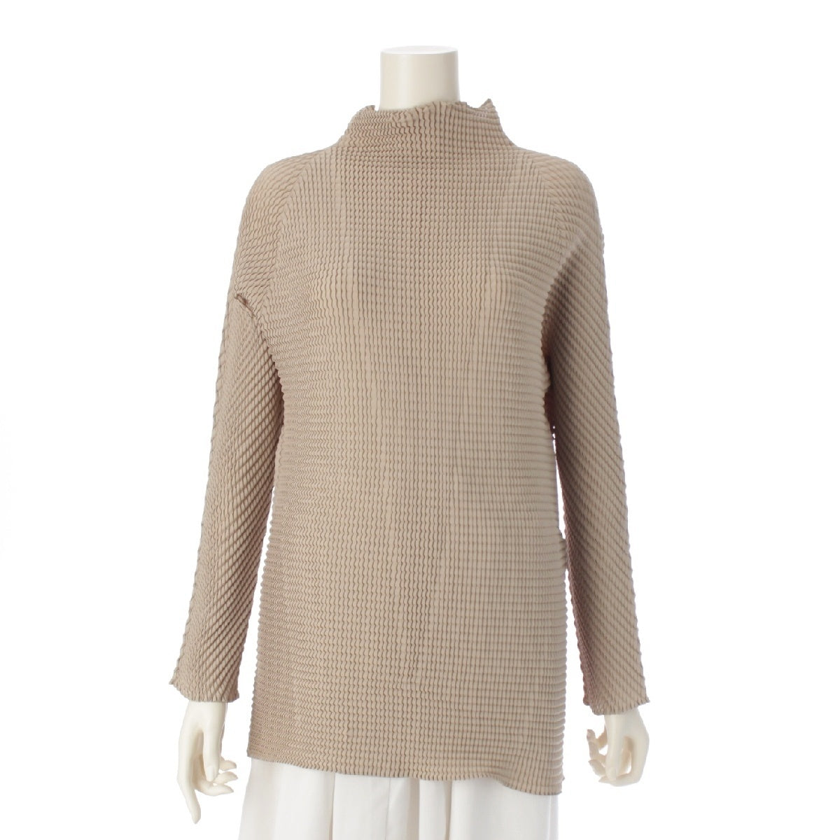 ISSEY MIYAKE Concave Pleated Bottleneck Long Sleeve Cut tops IM94-FJ636 beige M