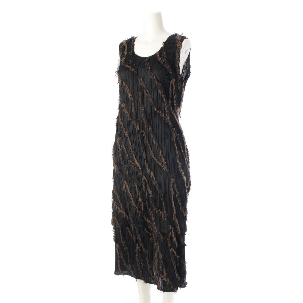 PLEATS PLEASE ISSEY  polyester Fringe design 3 piece Setup Tops Skirt PP43-JK804/JG806 Black brown 3