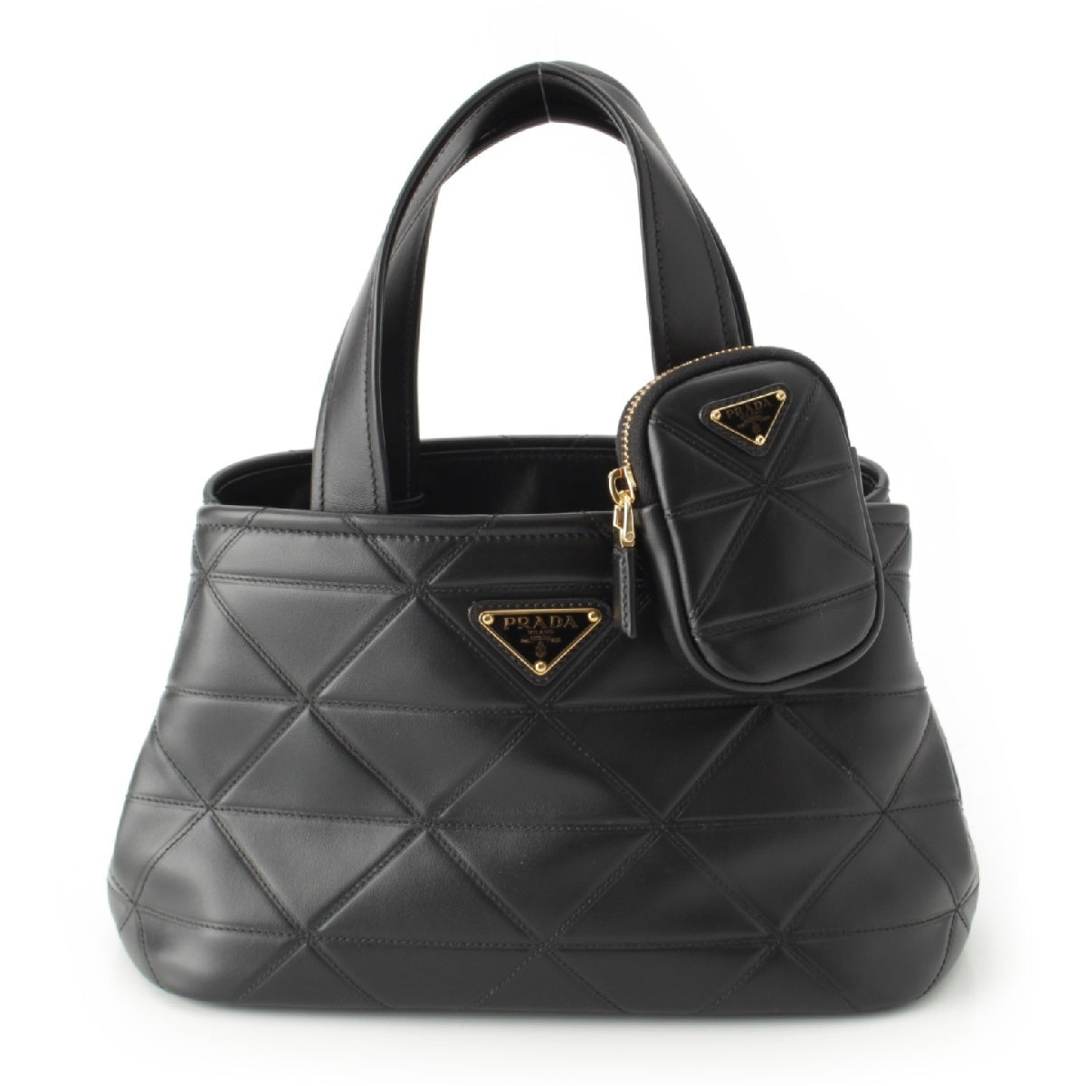 PRADA lambskin Quilted 2way Shoulder Bag with Pouch Handbag 1BG548 Black Gold Metal