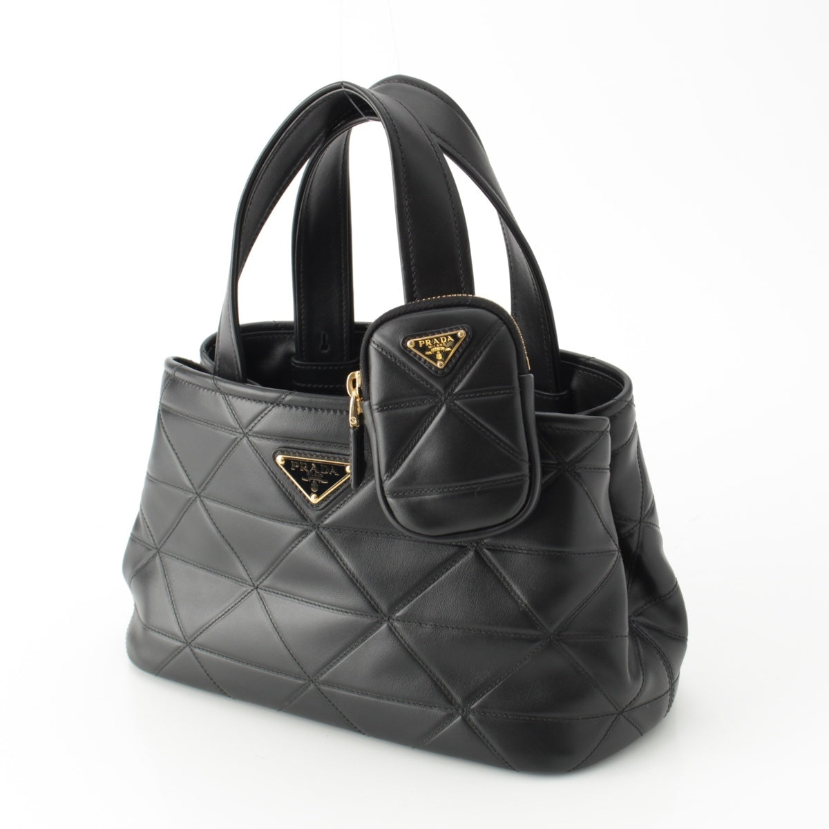 PRADA lambskin Quilted 2way Shoulder Bag with Pouch Handbag 1BG548 Black Gold Metal