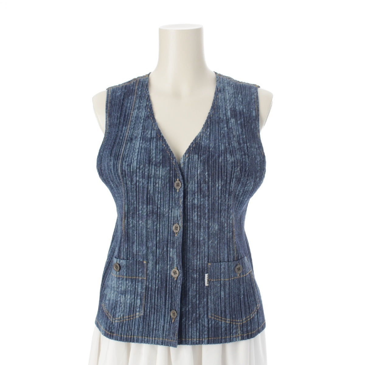 PLEATS PLEASE ISSEY  denim transfer Best Tops Sleeveless Jackets Gilets PP53-JE513 Indigo blue 3