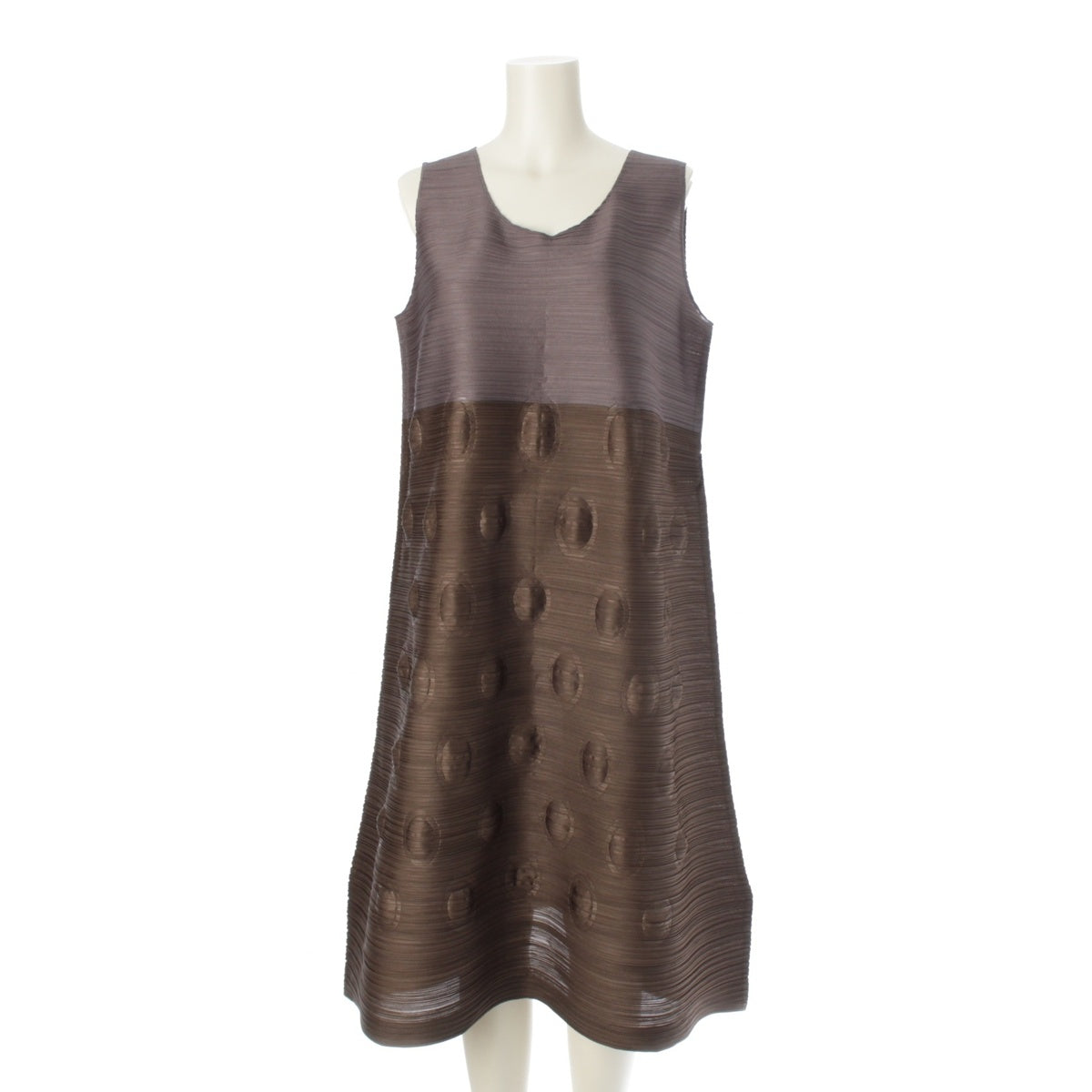 PLEATS PLEASE ISSEY  Circle embossed round sleeveless top one piece A-line dress PP53 JH602 Khaki gray 3