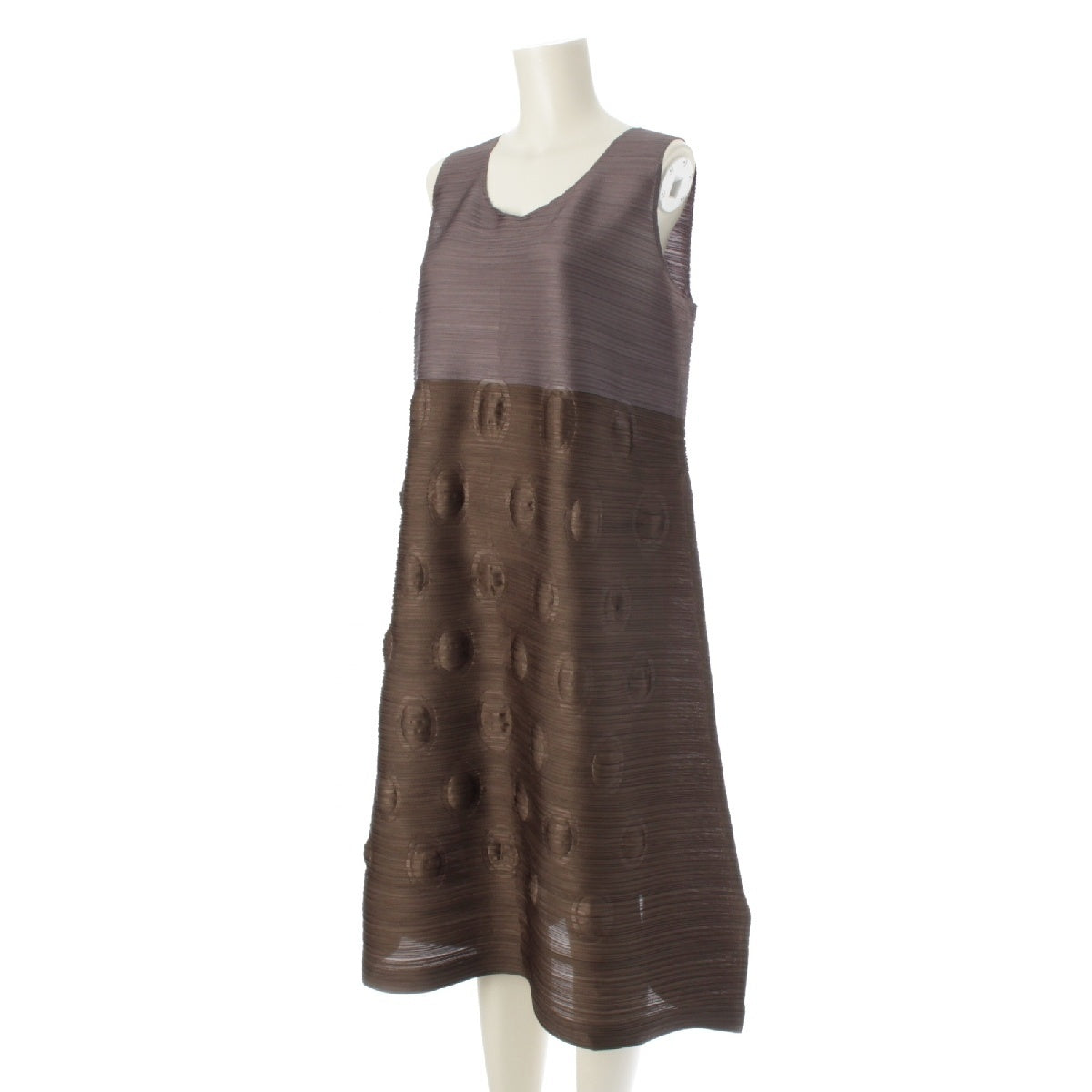 PLEATS PLEASE ISSEY  Circle embossed round sleeveless top one piece A-line dress PP53 JH602 Khaki gray 3