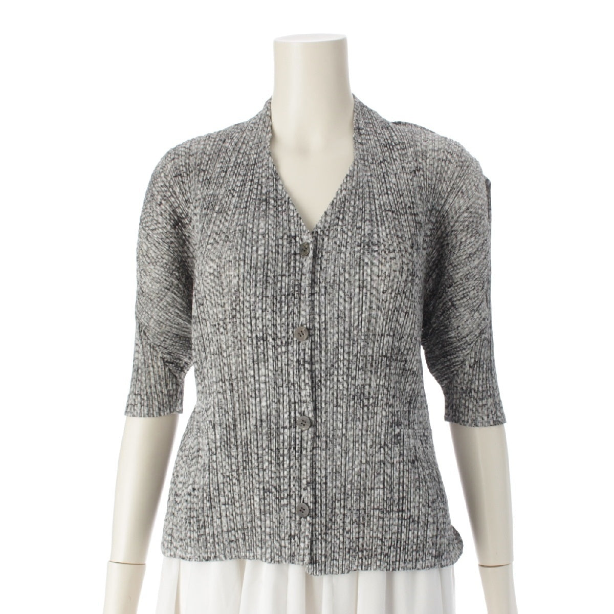 PLEATS PLEASE ISSEY  Button down cardigan Short sleeve top with stone pattern and neck design PP12-JD453 White gray 4
