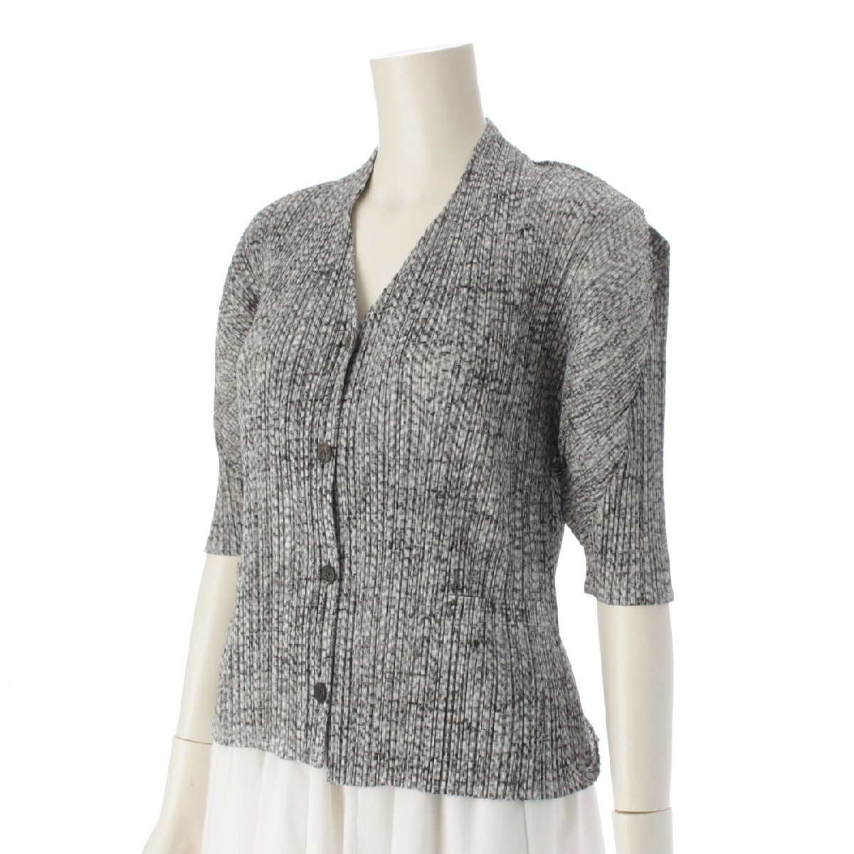 PLEATS PLEASE ISSEY  Button down cardigan Short sleeve top with stone pattern and neck design PP12-JD453 White gray 4
