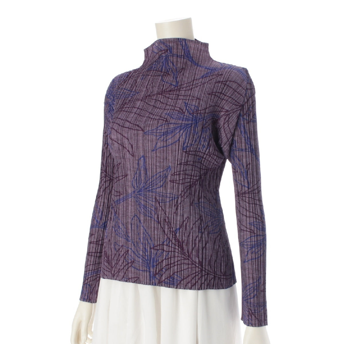 PLEATS PLEASE ISSEY  polyester Plant pattern Long sleeves Bottle neck High neck Cut tops PP51-JK921 Purple blue 3