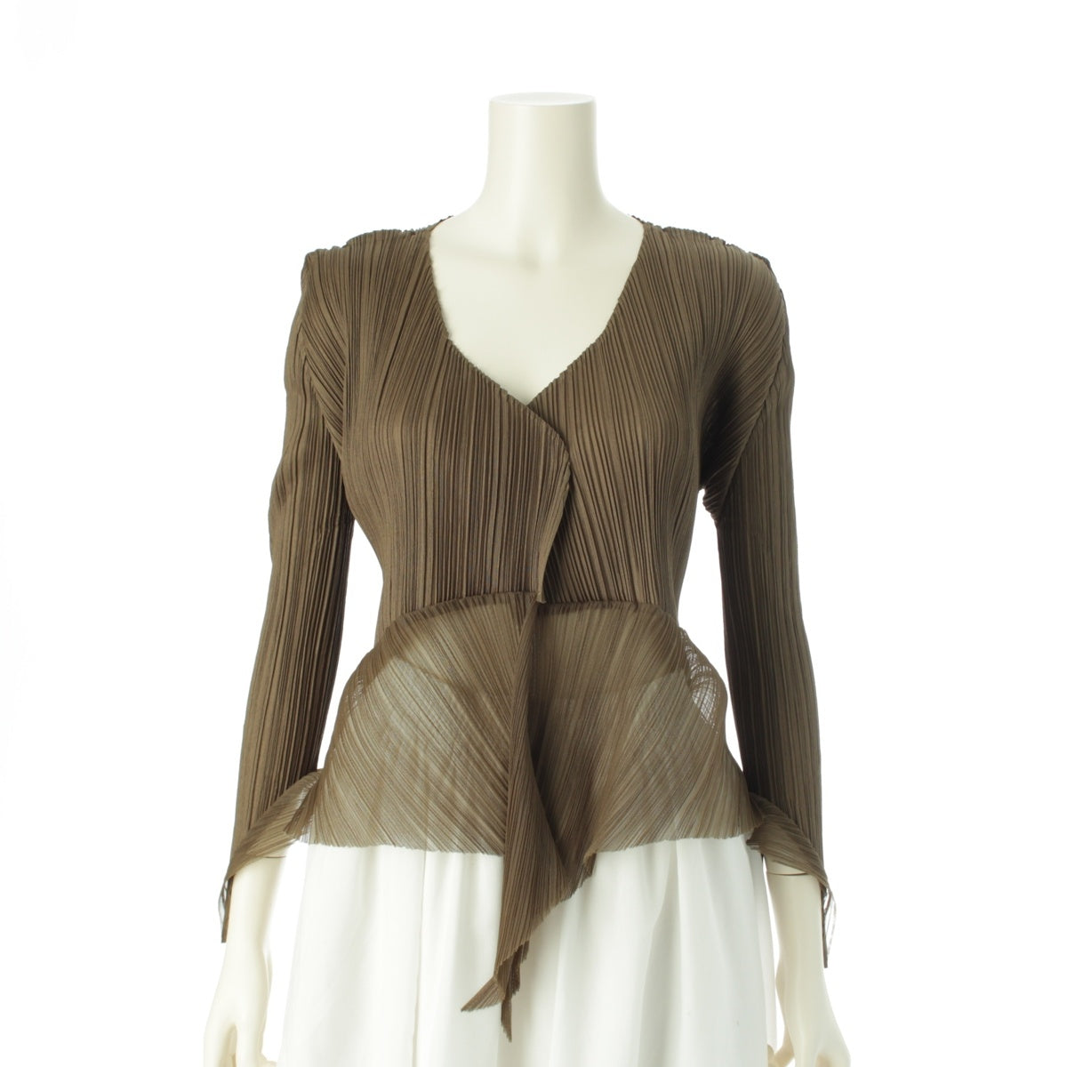 PLEATS PLEASE ISSEY  polyester Deformed cardigan with sheer mesh cardigan Long sleeve top PP61-J0614 khaki 3