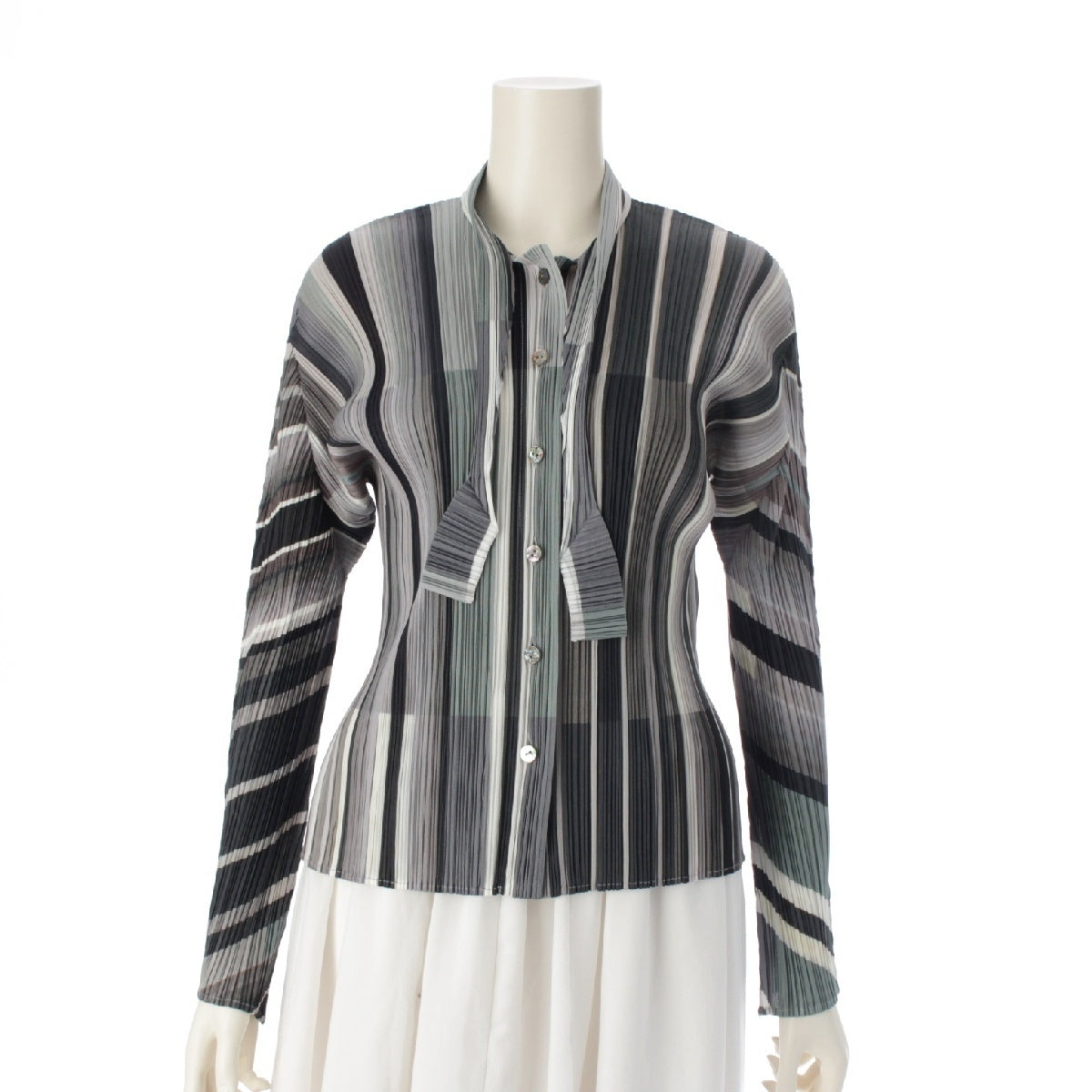 PLEATS PLEASE ISSEY  13Stainless Steel polyester Random Stripe Pleated Bowtie Long Sleeve Long sleeve shirt tops PP31-JJ703 Multicolor Green Gray 4