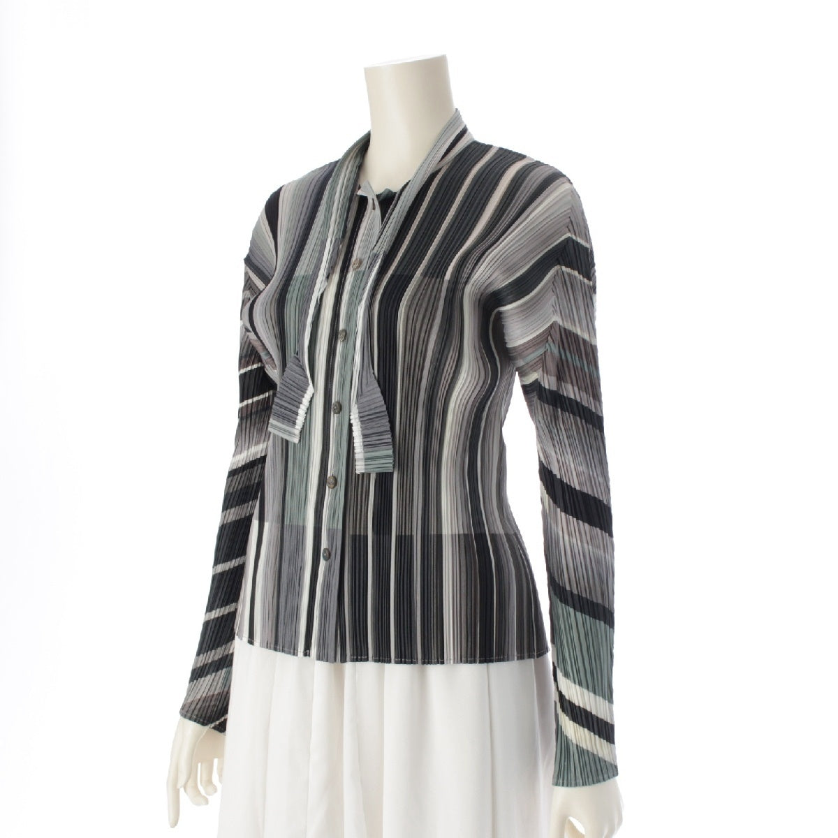 PLEATS PLEASE ISSEY  13Stainless Steel polyester Random Stripe Pleated Bowtie Long Sleeve Long sleeve shirt tops PP31-JJ703 Multicolor Green Gray 4