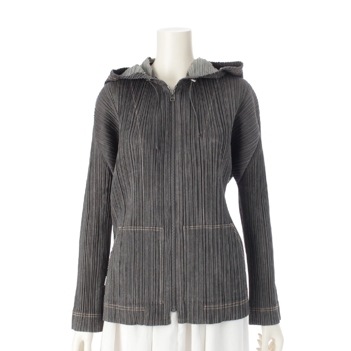 PLEATS PLEASE ISSEY  cotton Denim Transfer Zip Up Parker Tops Jackets PP71-JC622 Black Grey 3