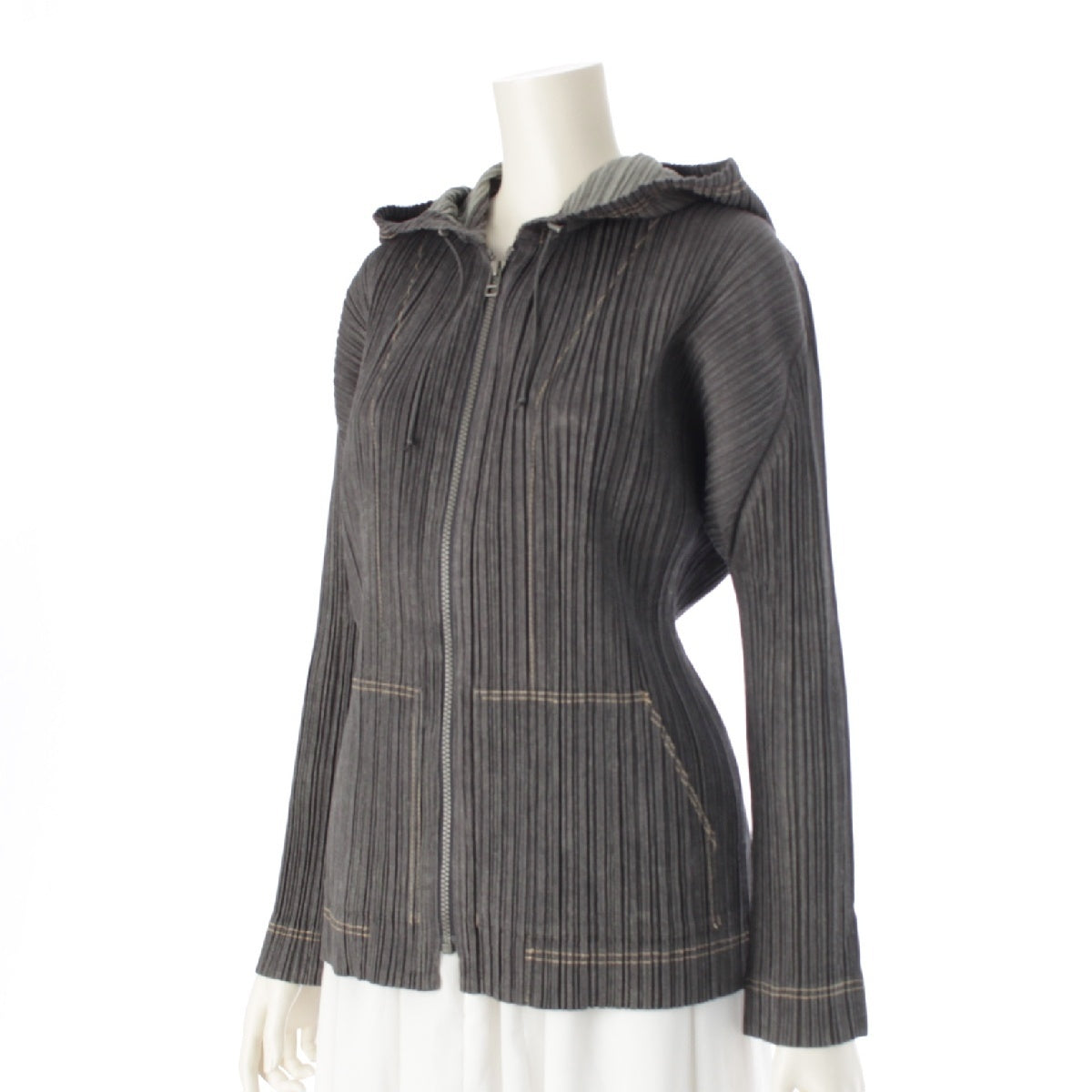 PLEATS PLEASE ISSEY  cotton Denim Transfer Zip Up Parker Tops Jackets PP71-JC622 Black Grey 3