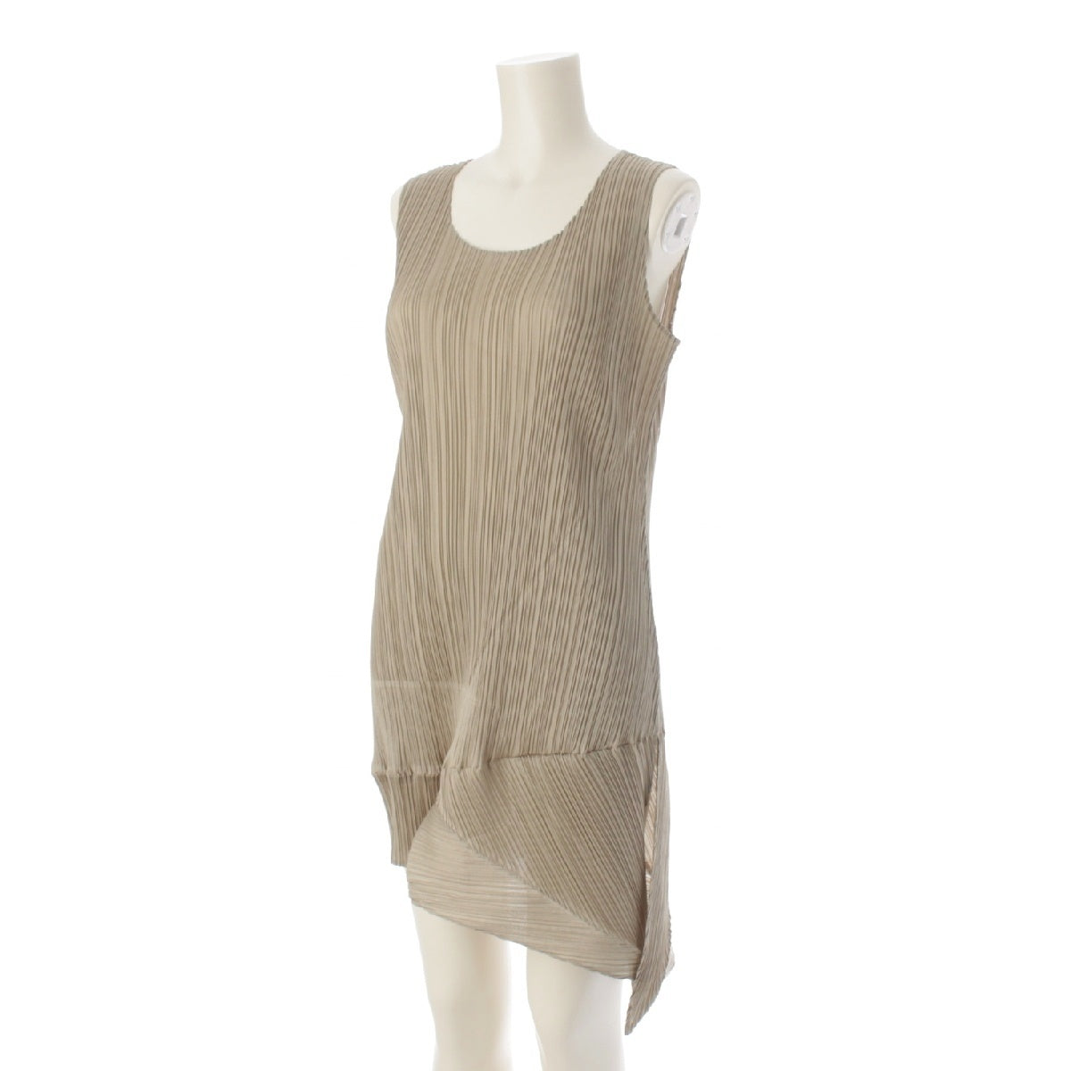 PLEATS PLEASE ISSEY  polyester Asymmetrical Sleeveless Deformed Random Pleated one piece PP71-JK208 Champagne beige 3