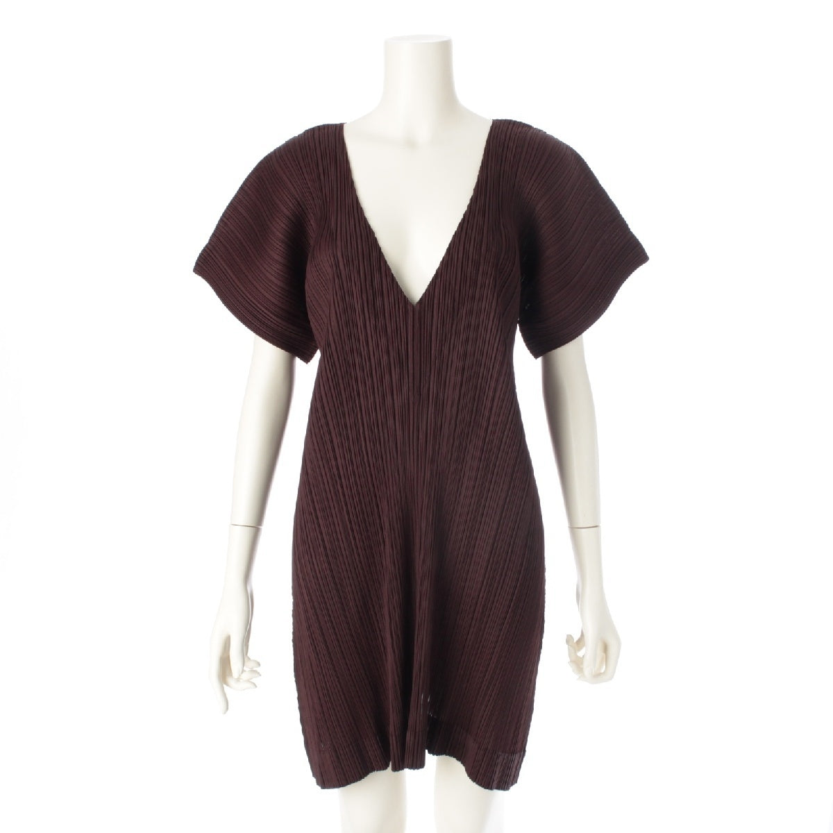 PLEATS PLEASE ISSEY  V-neck Pleated Tunic one piece Short sleeve PP83-JK182 Dark brown 4