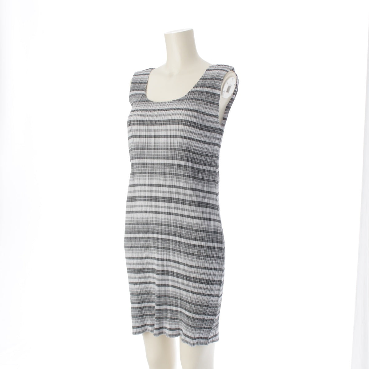 PLEATS PLEASE ISSEY  polyester Sleeveless Check Border one piece Setup Skirt Bottoms Tops PP81-JK575 White gray 4