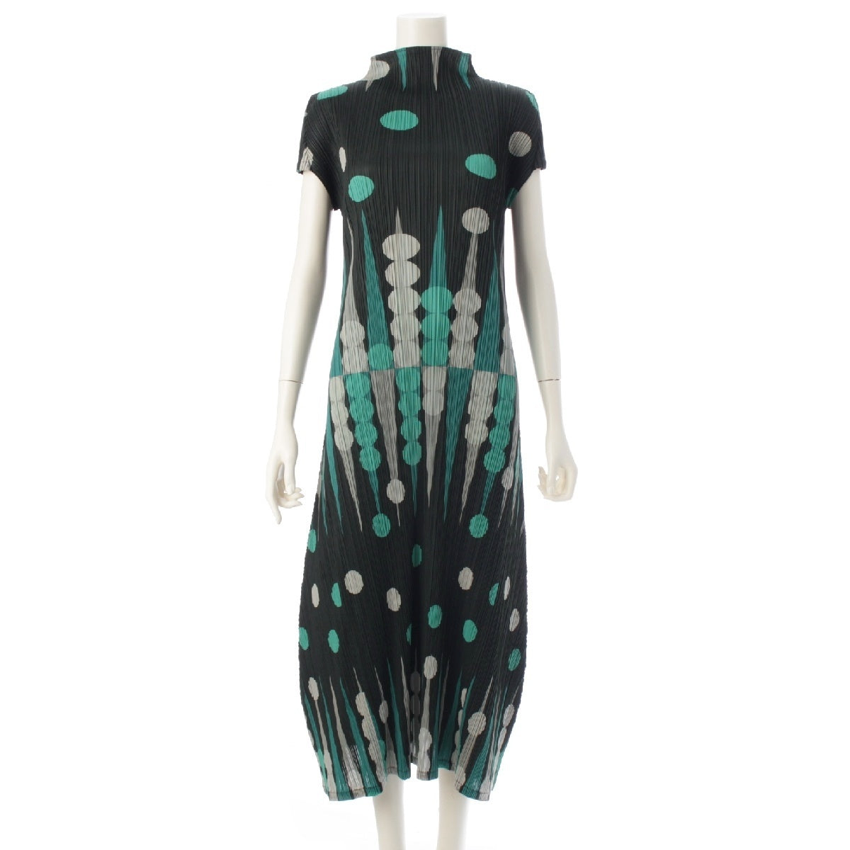 PLEATS PLEASE ISSEY  Backgammon Pattern French Sleeve one piece dress PP73-JH616 green 3