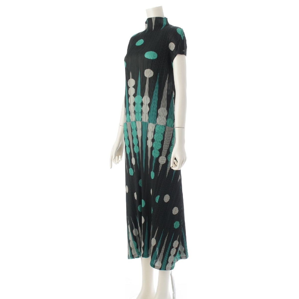 PLEATS PLEASE ISSEY  Backgammon Pattern French Sleeve one piece dress PP73-JH616 green 3