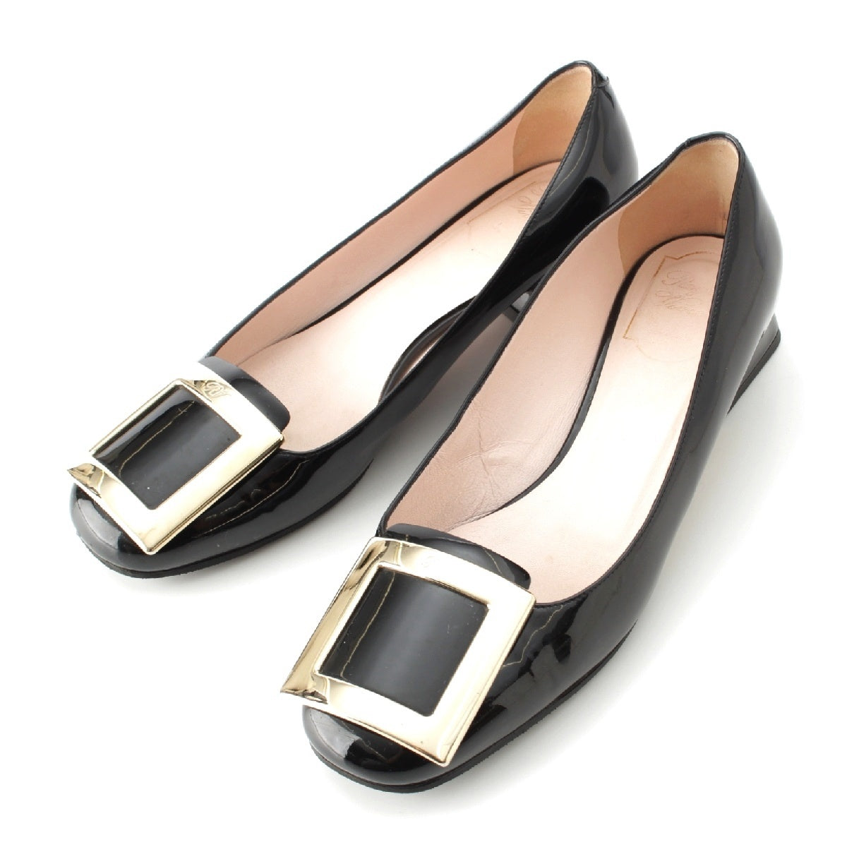 Roger Vivier Calf Patent Leather Trumpet heel Metal buckle pumps Square toe black 37