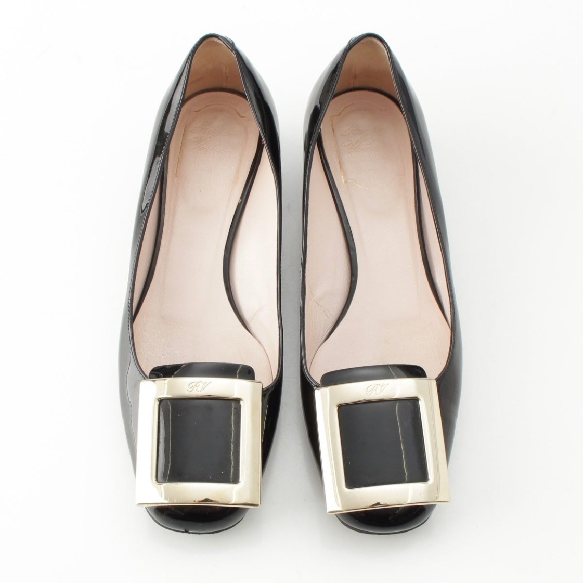 Roger Vivier Calf Patent Leather Trumpet heel Metal buckle pumps Square toe black 37