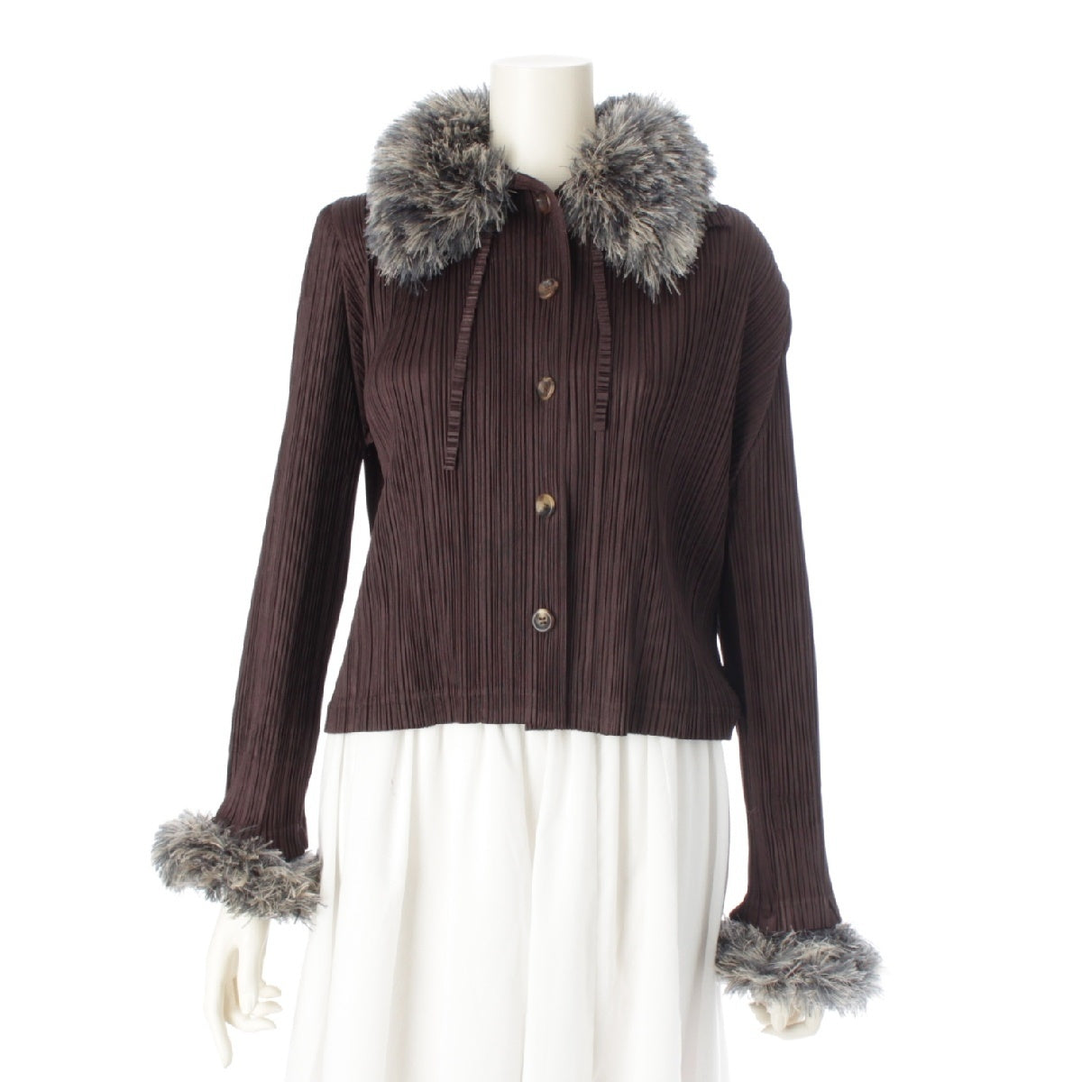 PLEATS PLEASE ISSEY  Fringe Fur cardigan Jacket tops PP43-JD411 Dark brown Gray 3