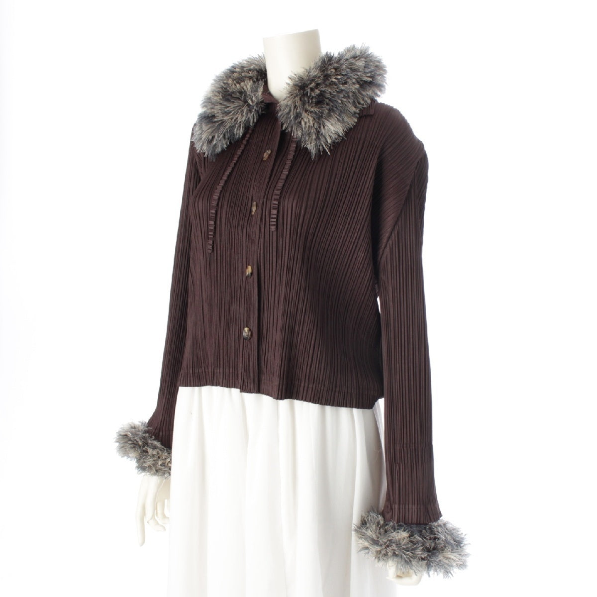 PLEATS PLEASE ISSEY  Fringe Fur cardigan Jacket tops PP43-JD411 Dark brown Gray 3